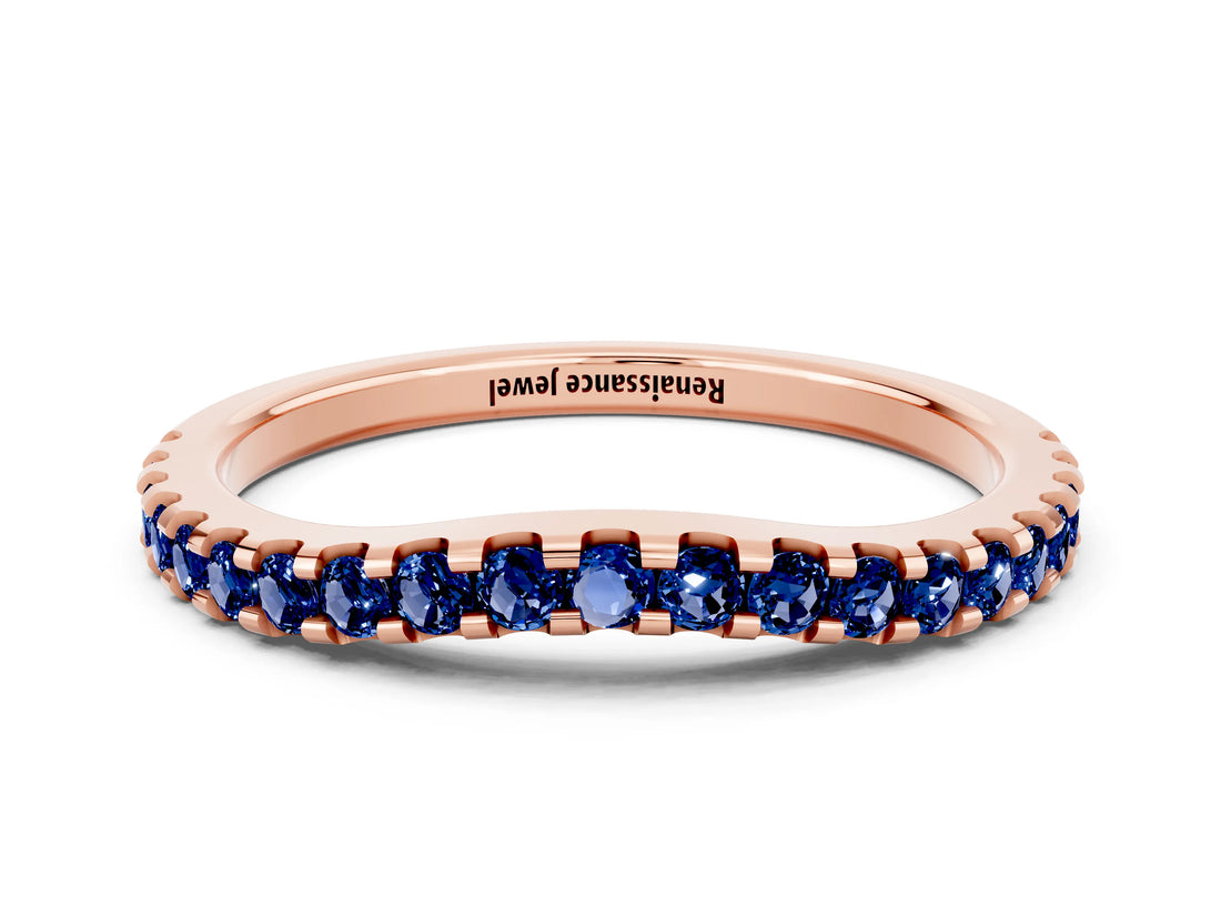 Rose gold Round Blue Sapphire Pavé Set Curved Wedding Band_6