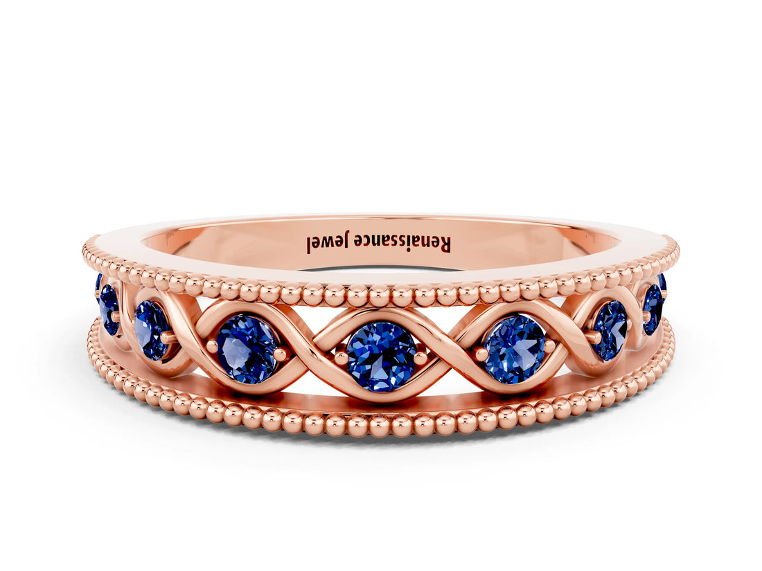 Rose gold Round Blue Sapphire Twist Milgrain Band with Bezel Setting_12