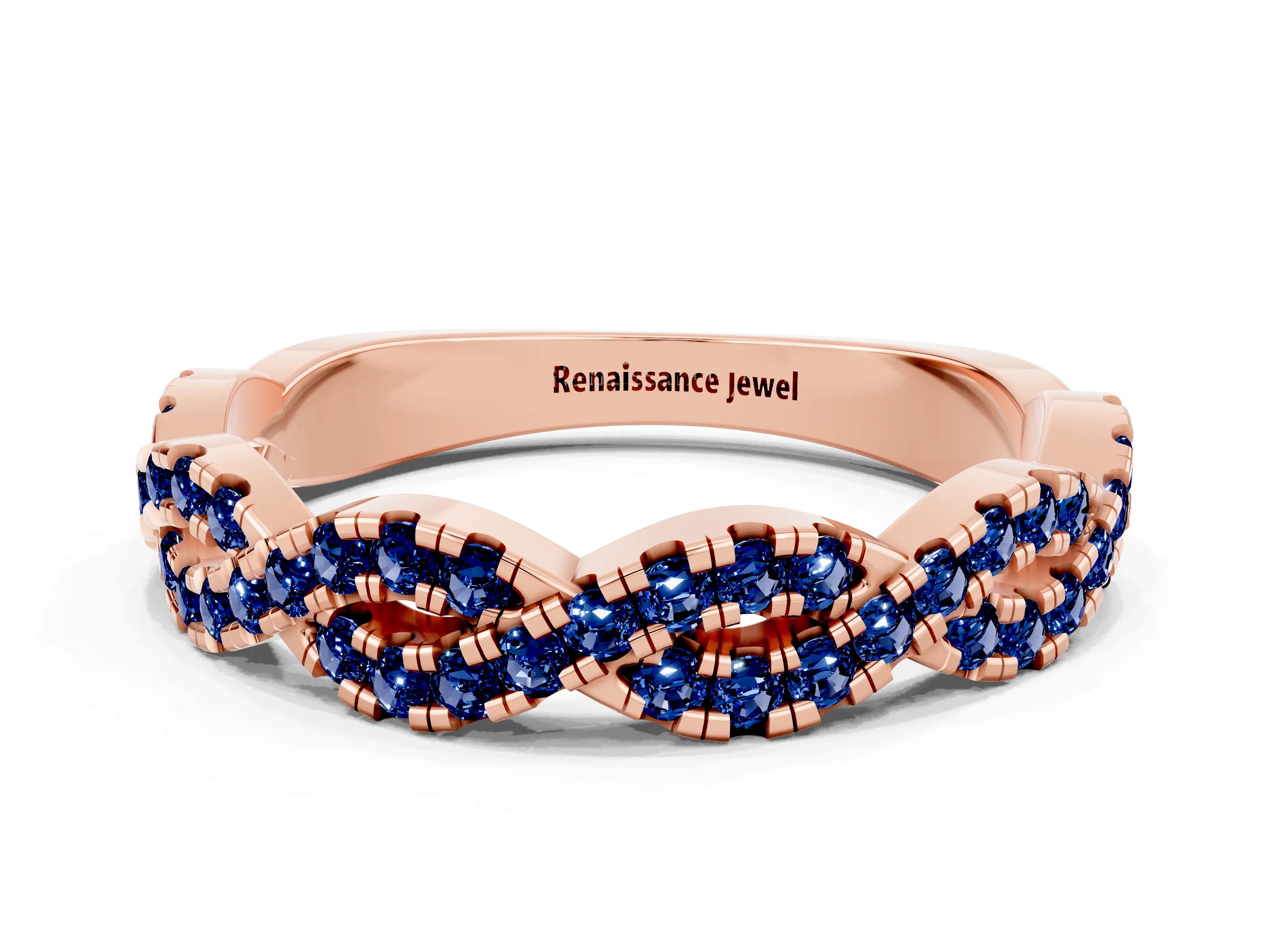 Rose gold Round Blue Sapphire Twisted Eternity Band with Pavé and Shared Prong Setting_6