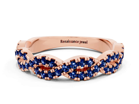Rose gold Round Blue Sapphire Twisted Eternity Band with Pavé and Shared Prong Setting_6