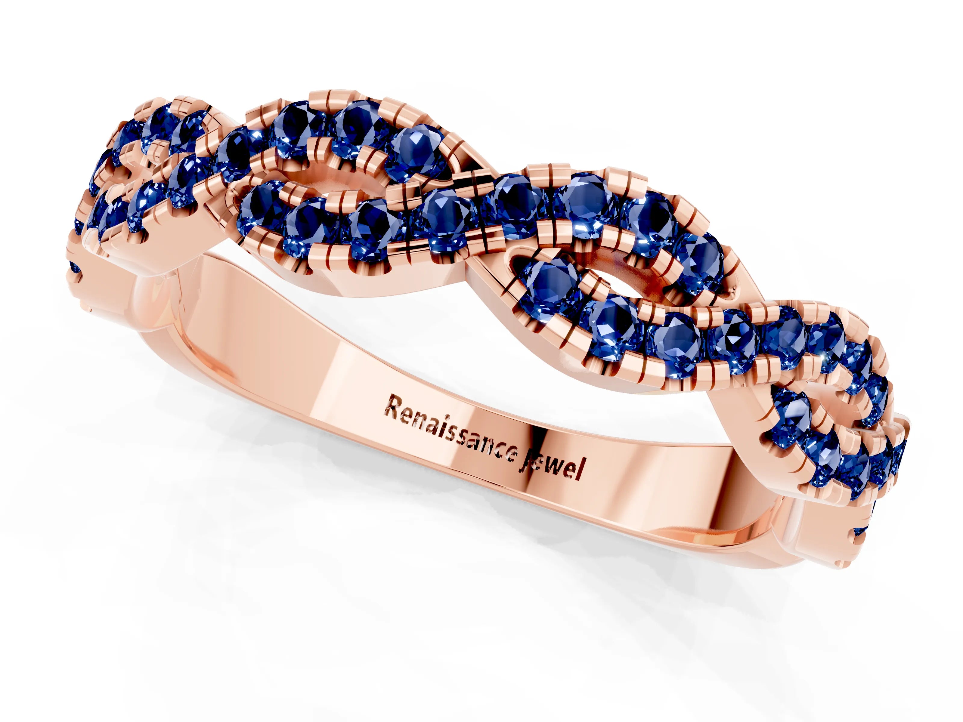 Rose gold Round Blue Sapphire Twisted Eternity Band with Pavé and Shared Prong Setting_7