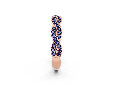 Rose gold Round Blue Sapphire Twisted Eternity Band with Pavé and Shared Prong Setting_8