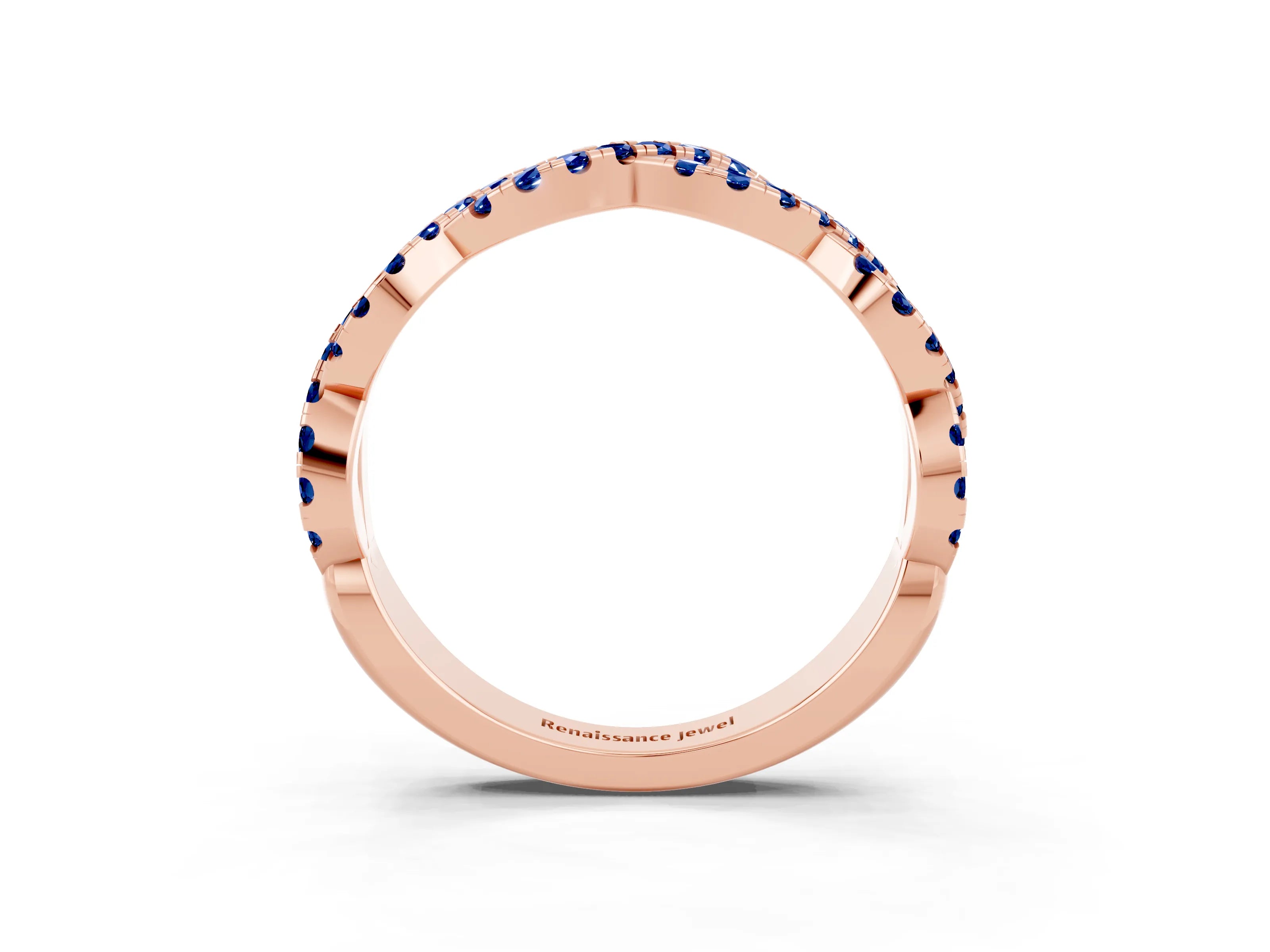 Rose gold Round Blue Sapphire Twisted Eternity Band with Pavé and Shared Prong Setting_9