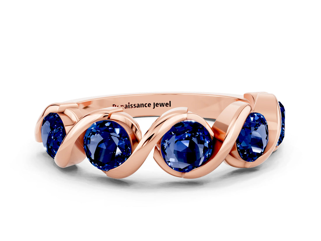 Rose gold Round Blue Sapphire Wave Band with Channel Setting and Shared Prongs_6