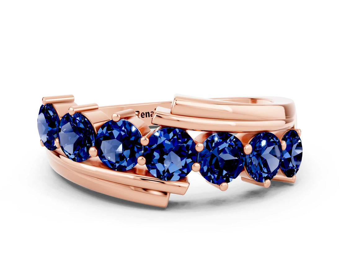 Rose gold Round Blue Sapphire Wave Band with Channel and Shared Prong Setting_18
