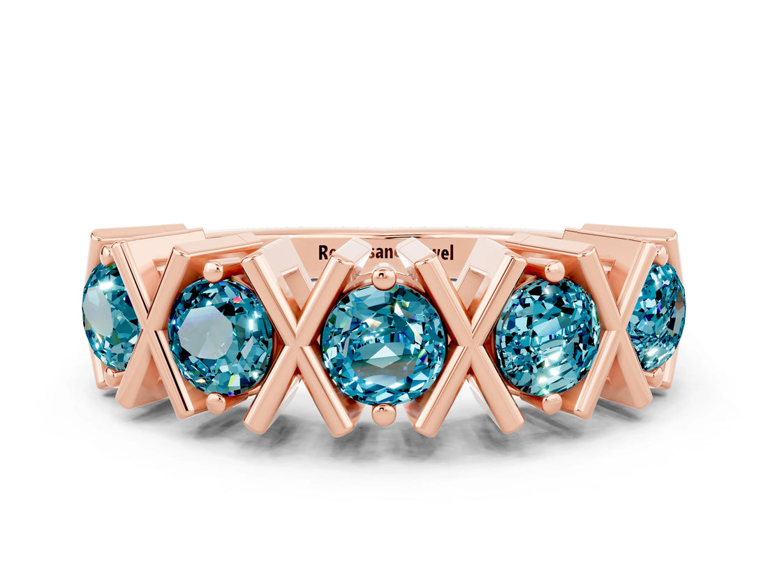 Rose gold Round Blue Topaz Channel Set Band with X-Prong Detail_6