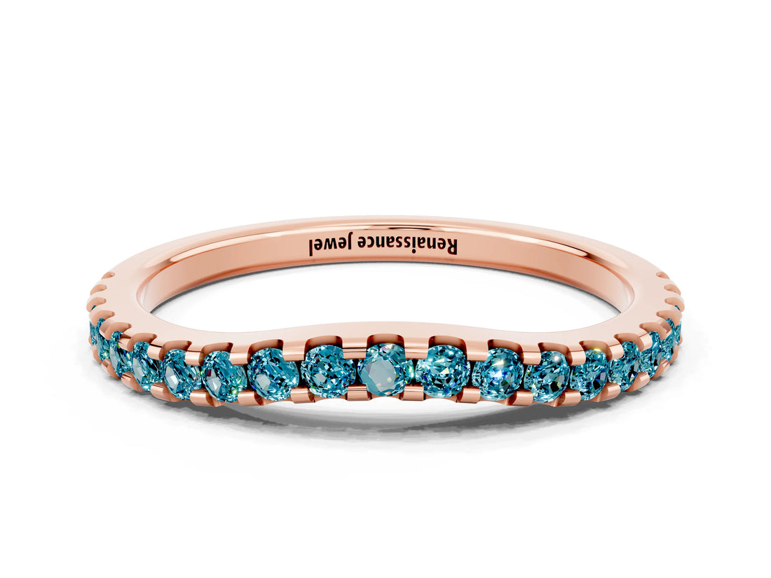 Rose gold Round Blue Topaz Pavé Set Curved Wedding Band_6