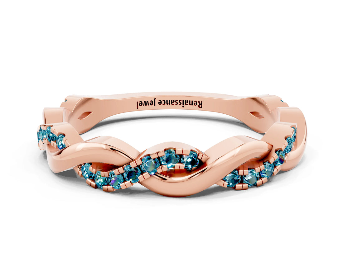 Rose gold Round Blue Topaz Twist Eternity Band with Pavé Setting_6