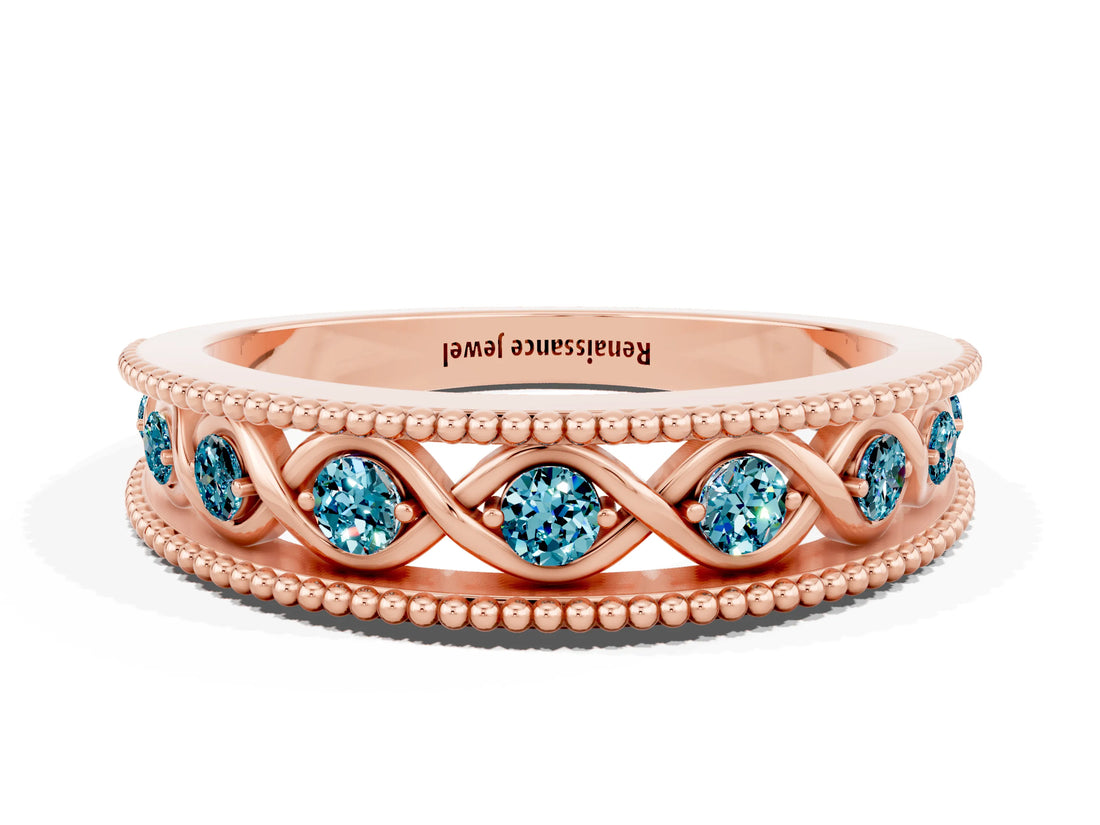 Rose gold Round Blue Topaz Twist Milgrain Band with Bezel Setting_12
