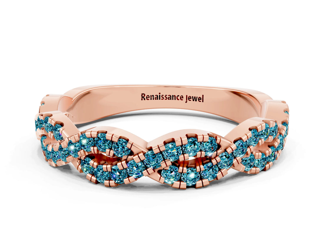 Rose gold Round Blue Topaz Twisted Eternity Band with Pavé and Shared Prong Setting_18