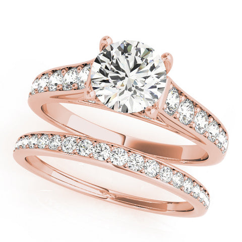 Rose gold Round Brilliant Cut Diamond Engagement Ring with Pavé Band and Four-Prong Setting