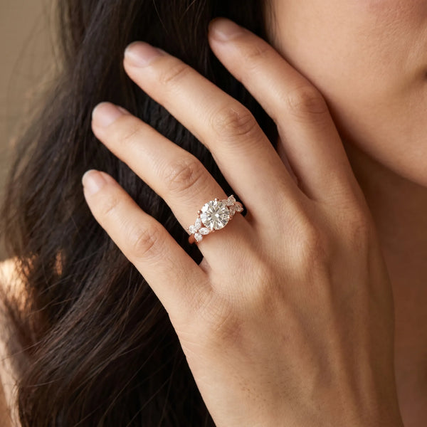 Rose gold Round Brilliant Diamond Floral Cluster Solitaire with Marquise and Pear Accents in Four-Prong Setting