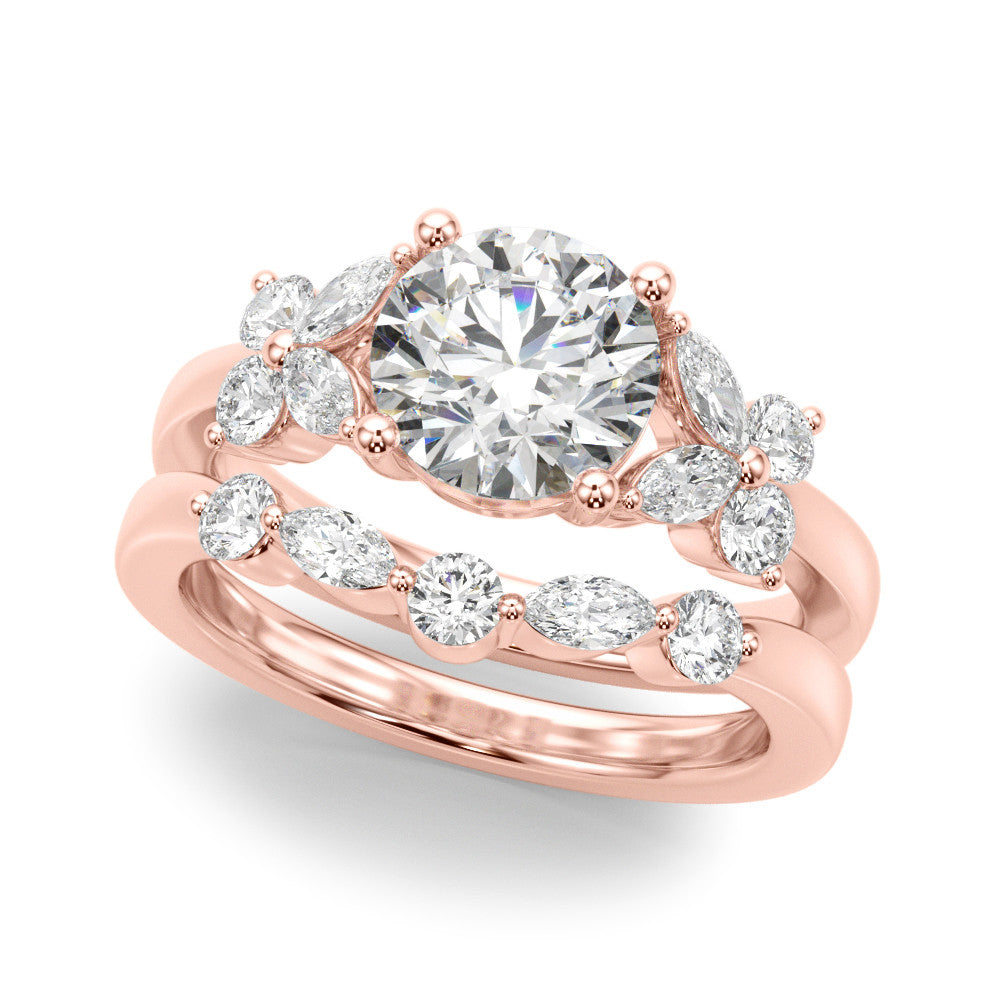 Rose gold Round Brilliant Diamond Floral Cluster Solitaire with Marquise and Pear Accents on a Platinum Band with Four-Prong Setting 1