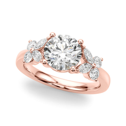 Rose gold Round Brilliant Diamond Floral Cluster Solitaire with Marquise and Pear Accents on a Platinum Band with Four-Prong Setting
