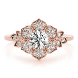 Rose gold Round Brilliant Diamond Floral Halo Ring with Pavé Band and Four-Prong Setting 1