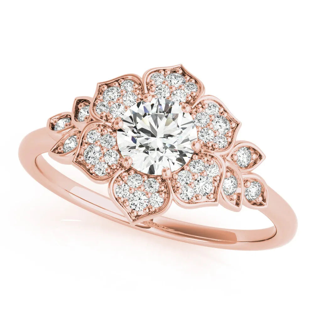 Rose gold Round Brilliant Diamond Floral Halo Ring with Pavé Band and Four-Prong Setting