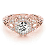 Rose gold Round Brilliant Diamond Milgrain Filigree Halo Ring 1