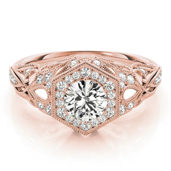 Rose gold Round Brilliant Diamond Milgrain Filigree Halo Ring