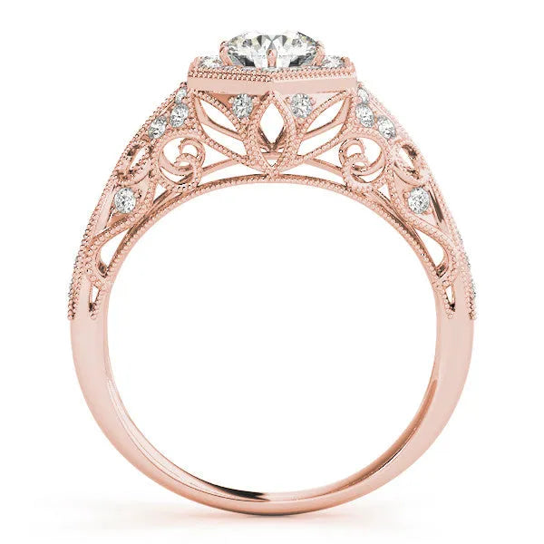 Rose gold Round Brilliant Diamond Milgrain Filigree Halo Ring