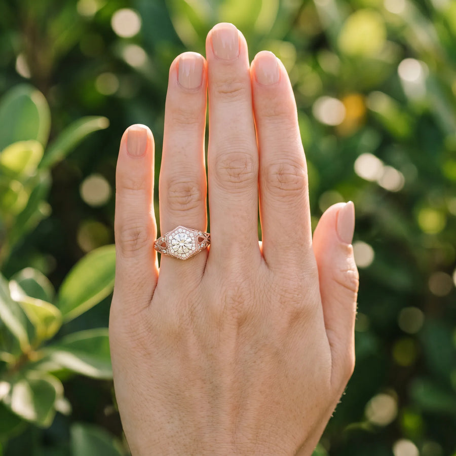 Rose gold Round Brilliant Diamond Milgrain Filigree Halo Ring