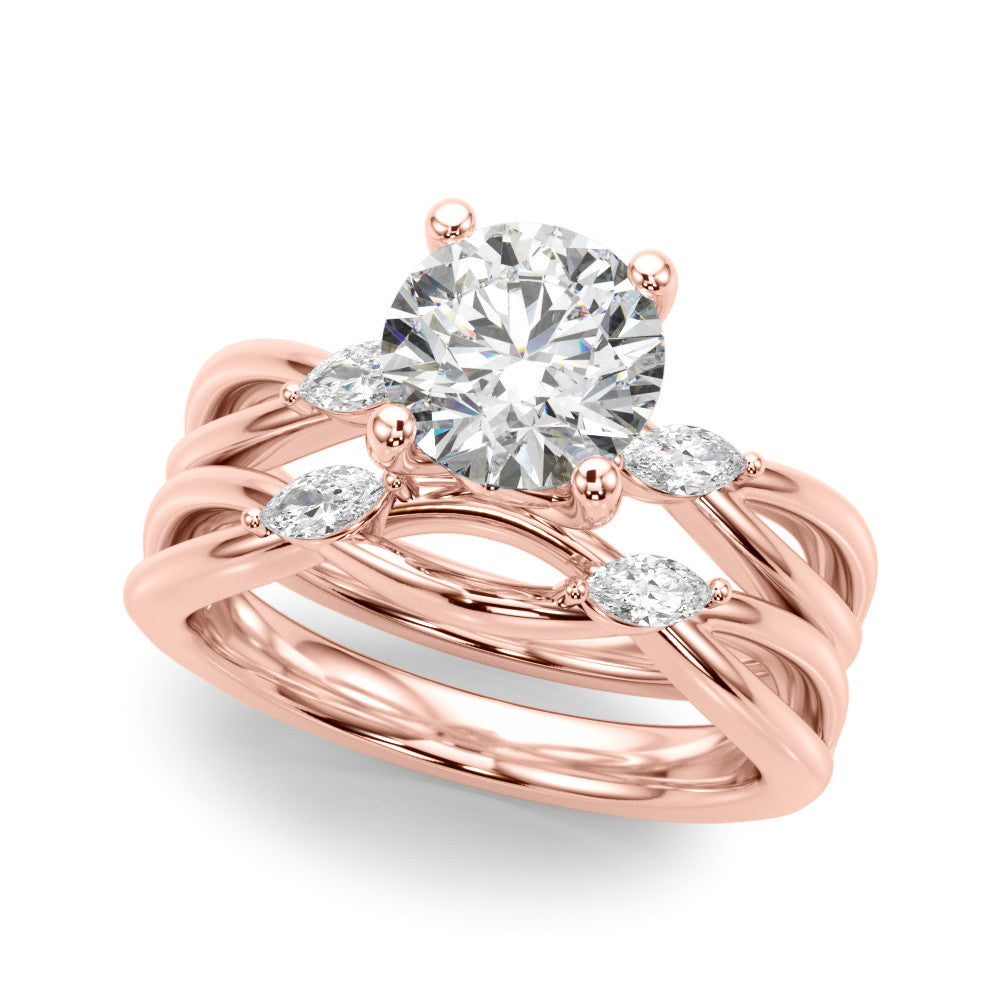 Rose gold Round Brilliant Diamond Solitaire with Marquise Side Stones on a Twisted Band and Four-Prong Setting 1