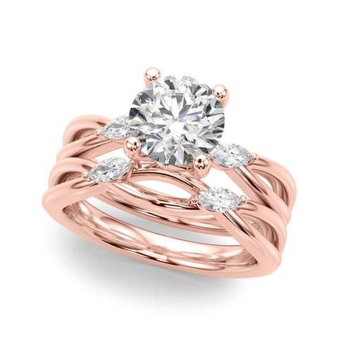 Rose gold Round Brilliant Diamond Solitaire with Marquise Side Stones on a Twisted Band and Four-Prong Setting 1