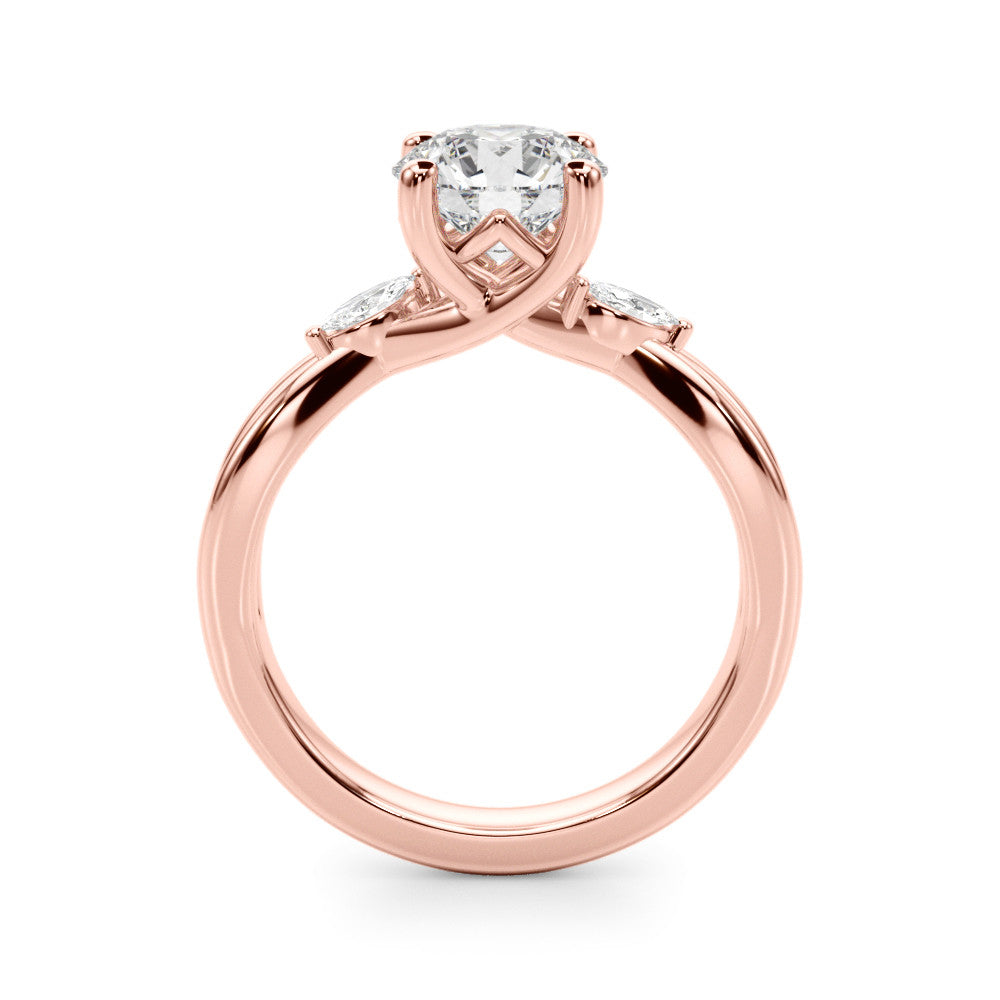 Rose gold Round Brilliant Diamond Solitaire with Marquise Side Stones on a Twisted Band and Four-Prong Setting 2