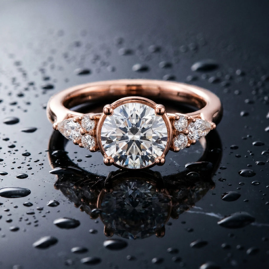 Rose gold Round Brilliant Diamond Solitaire with Side Stones on a Tapered Band and Four-Prong Setting