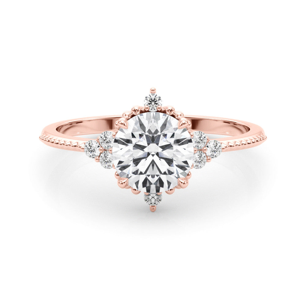 Rose gold Round Brilliant Diamond with Cluster Setting on a Beaded Band and Four-Prong Setting 1