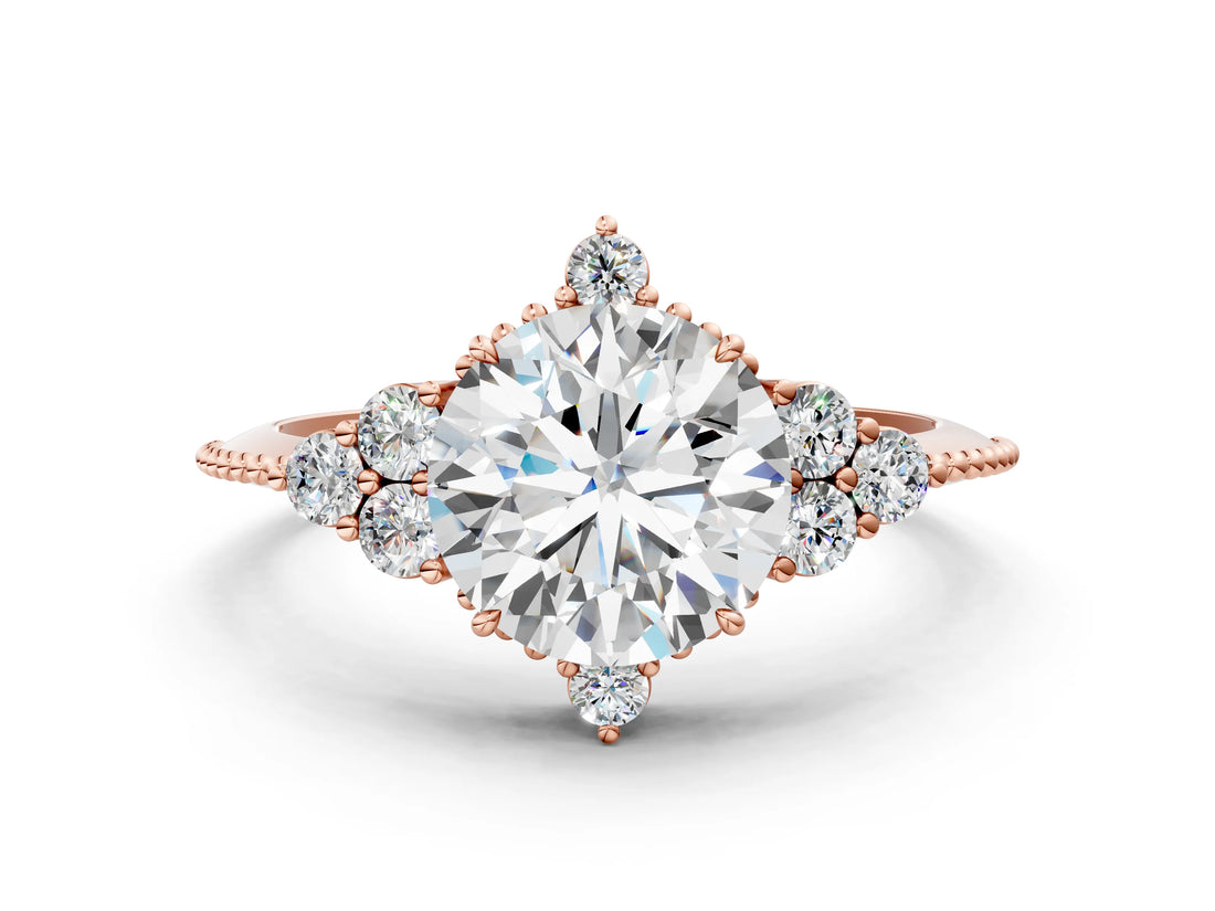 Rose gold Round Brilliant Diamond with Cluster Setting on a Beaded Band and Four-Prong Setting_15