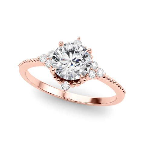 Rose gold Round Brilliant Diamond with Cluster Setting on a Beaded Band and Four-Prong Setting