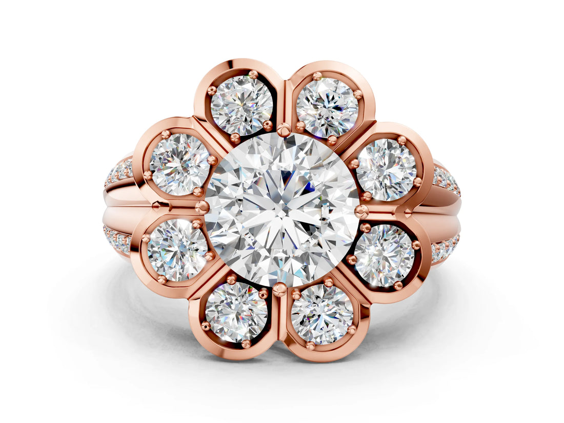 Rose gold Round Brilliant Flower Halo Diamond Split Shank Ring_48
