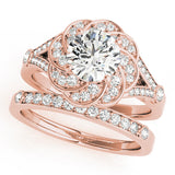 Rose gold Round Brilliant Halo Floral Diamond Engagement Ring with Pave Band and Prong Setting 1