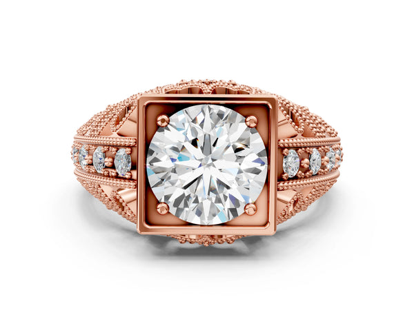 Rose gold Round Brilliant Milgrain Filigree Diamond Ring with Square Prong Setting