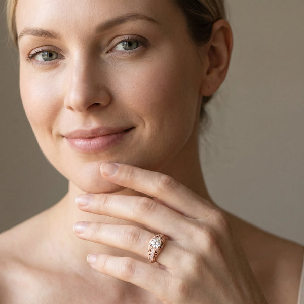 Rose gold Round Brilliant Milgrain Filigree Diamond Ring with Square Prong Setting