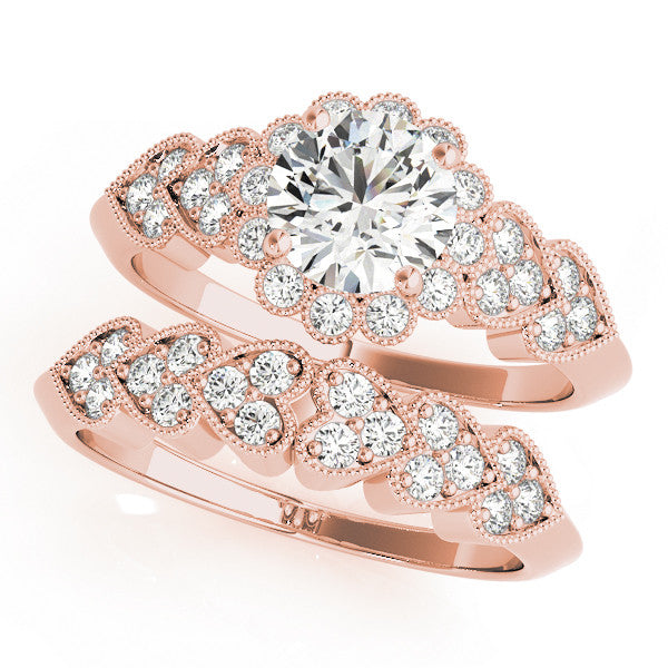 Rose gold Round Brilliant Milgrain Pave Heart Band Solitaire Ring