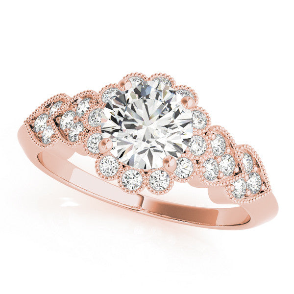 Rose gold Round Brilliant Milgrain Pave Heart Band Solitaire Ring