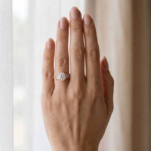 Rose gold Round Brilliant Milgrain Pave Heart Band Solitaire Ring