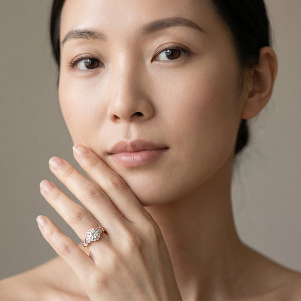 Rose gold Round Brilliant Milgrain Pave Heart Band Solitaire Ring