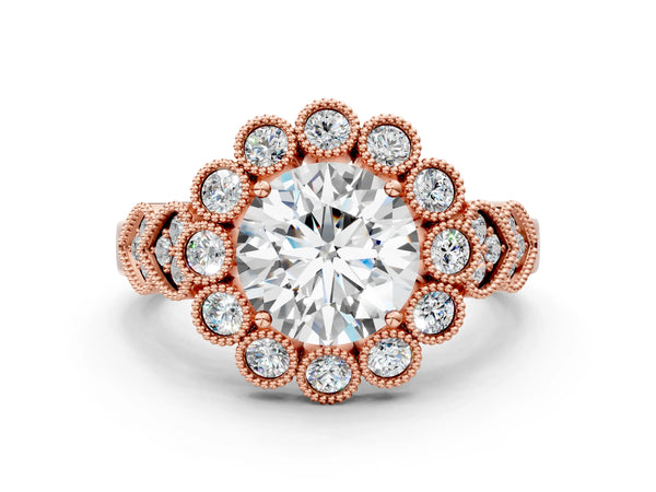 Rose gold Round Brilliant Milgrain Pave Heart Band Solitaire Ring