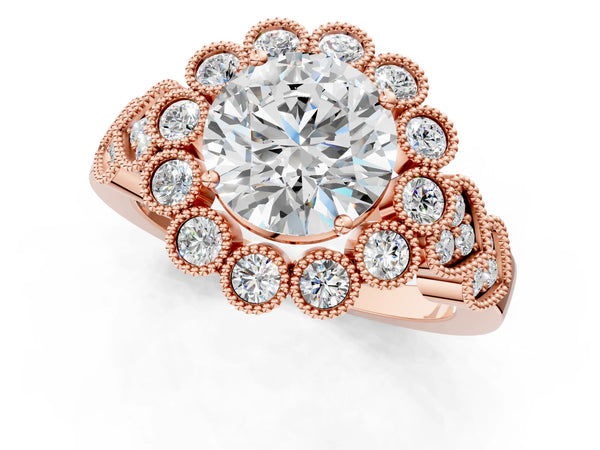 Rose gold Round Brilliant Milgrain Pave Heart Band Solitaire Ring