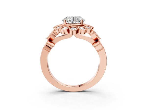 Rose gold Round Brilliant Milgrain Pave Heart Band Solitaire Ring