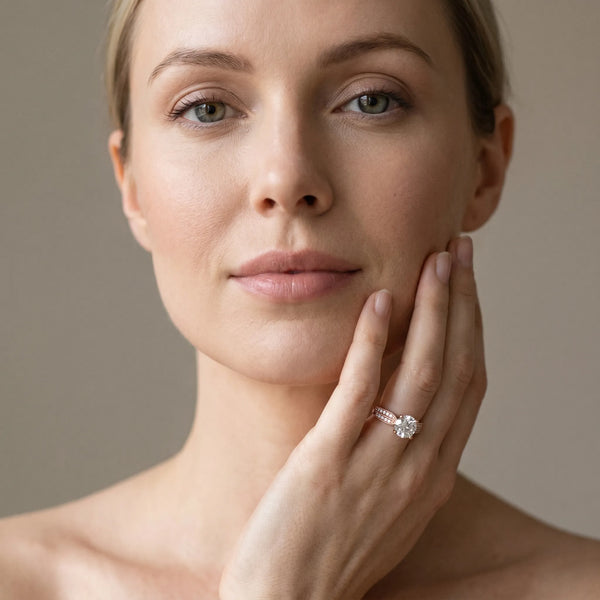 Rose gold Round Brilliant Solitaire Engagement Ring with Pave Band and Four-Prong Setting