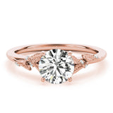 10K Rose Gold 2.05 Carat E VVS2 Round Brilliant Solitaire with Leaf Motif Band and Four-Prong Setting