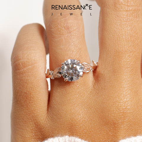 14K Rose Gold 1.55 Carat F VS1 Round Diamond Solitaire Ring with Leaf Motif Band and Four-Prong Setting