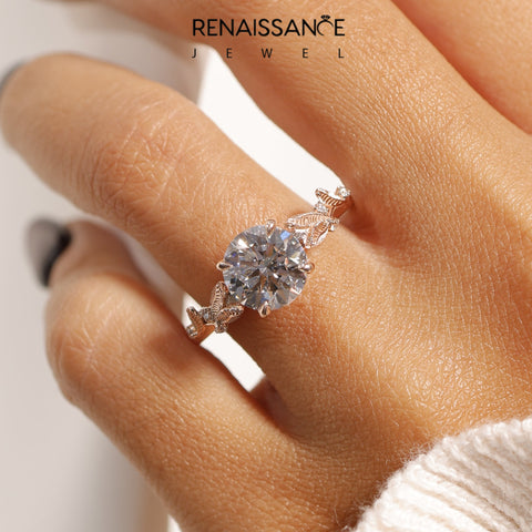 14K Rose Gold 1.55 Carat F VS1 Round Diamond Solitaire Ring with Leaf Motif Band and Four-Prong Setting
