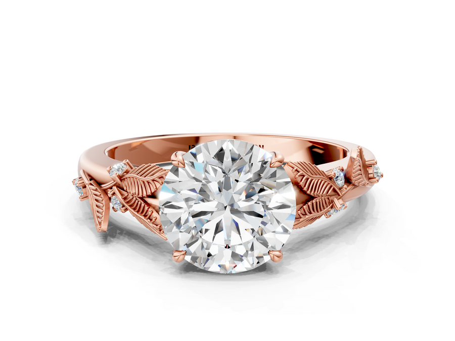 Rose gold Round Cut Diamond Solitaire Ring with Leaf Motif Band and Four-Prong Setting