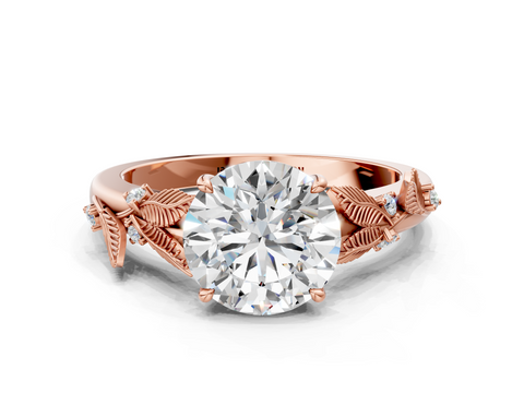14K Rose Gold 1.55 Carat F VS1 Round Diamond Solitaire Ring with Leaf Motif Band and Four-Prong Setting