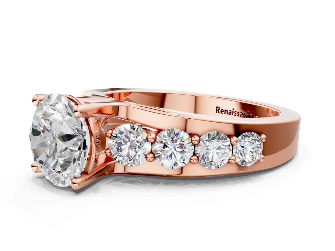 Rose gold Round Brilliant Solitaire with Side Stones on a Pave Band and Four-Prong Setting_100