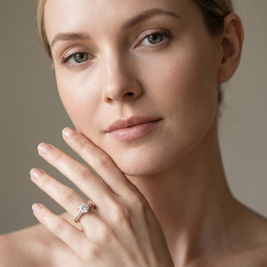 Rose gold Round Brilliant Split Shank Pave Diamond Engagement Ring with Four-Prong Setting